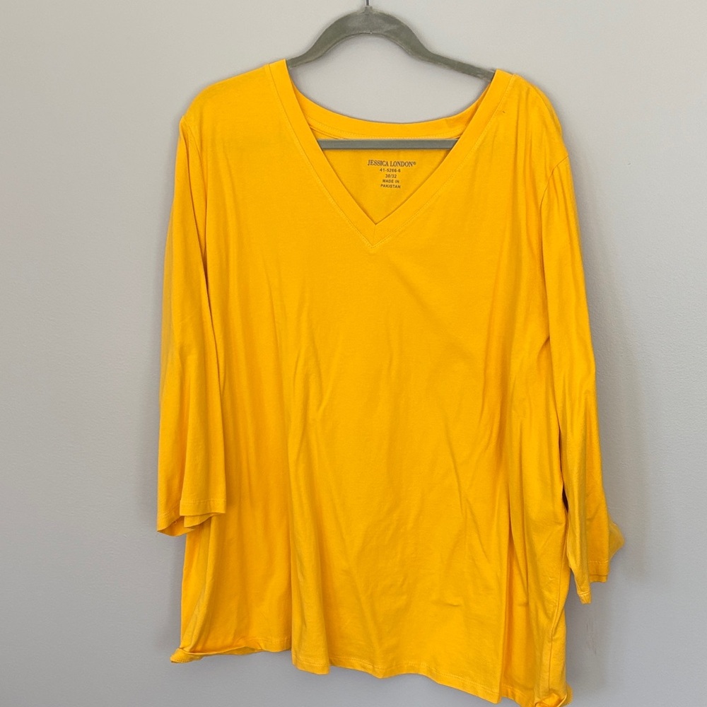 Jessica London Bright Yellow V-Neck 3/4 Sleeve Top Cotton